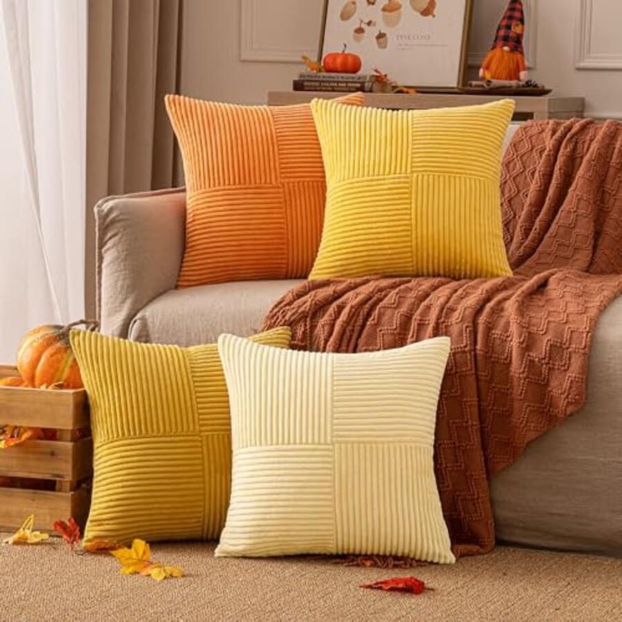 Set van 4 ribfluwelen kussenslopen 45 x 45 cm Decoratieve kussenhoezen voor banken en stoelen Herfst patchwork stijl
