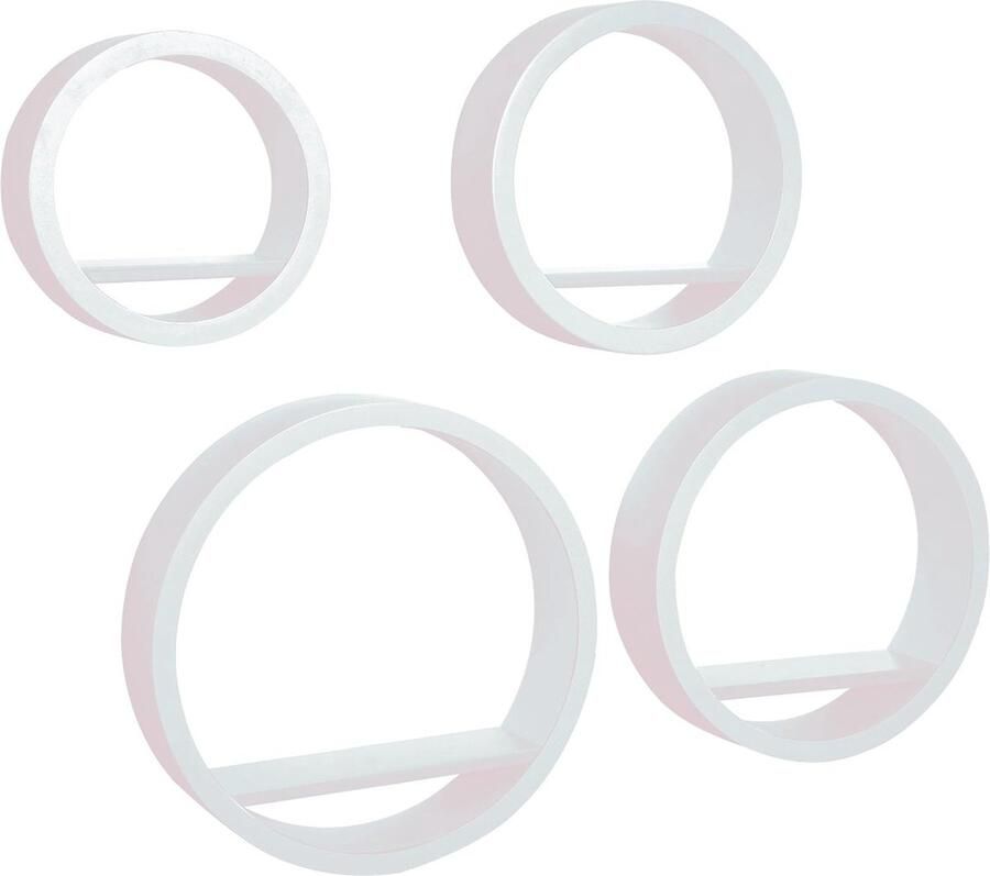 Set van 4 ronde zwevende houten wandplanken met inzetstuk wit