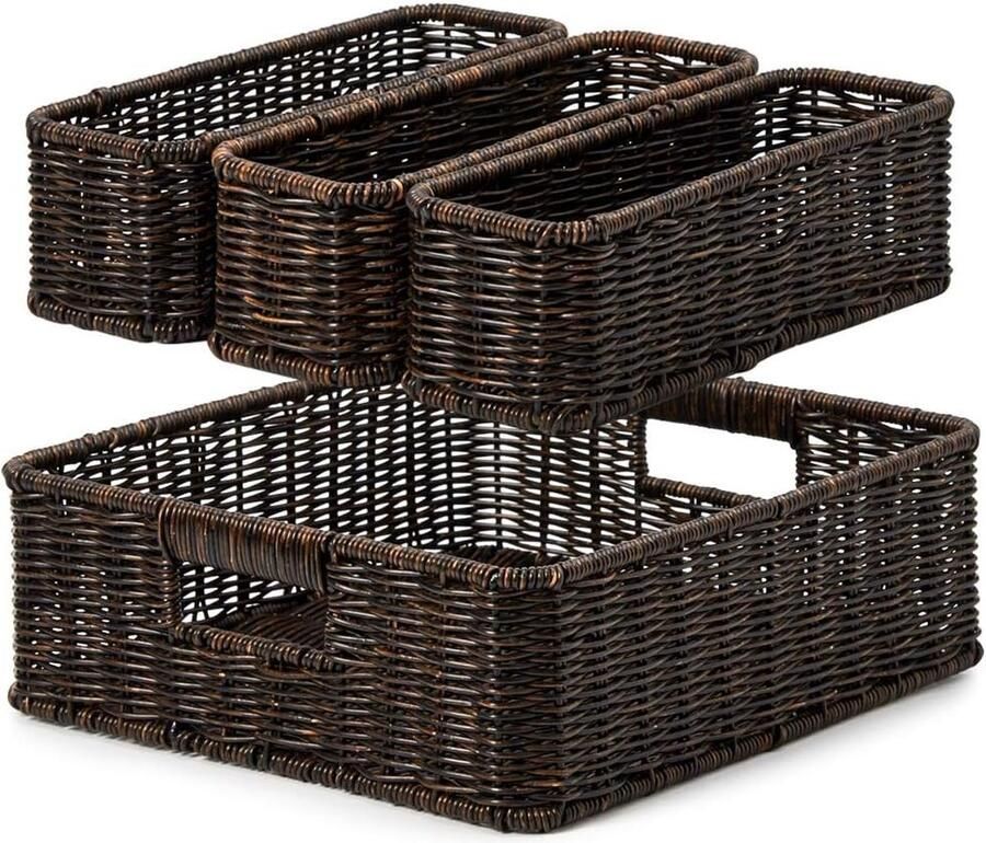 Set van 4 rotan mandmanden geweven plastic mand rotan opbergdoos voor laden kantoor slaapkamer kledingkast badkamer 2 maten donkerbruin