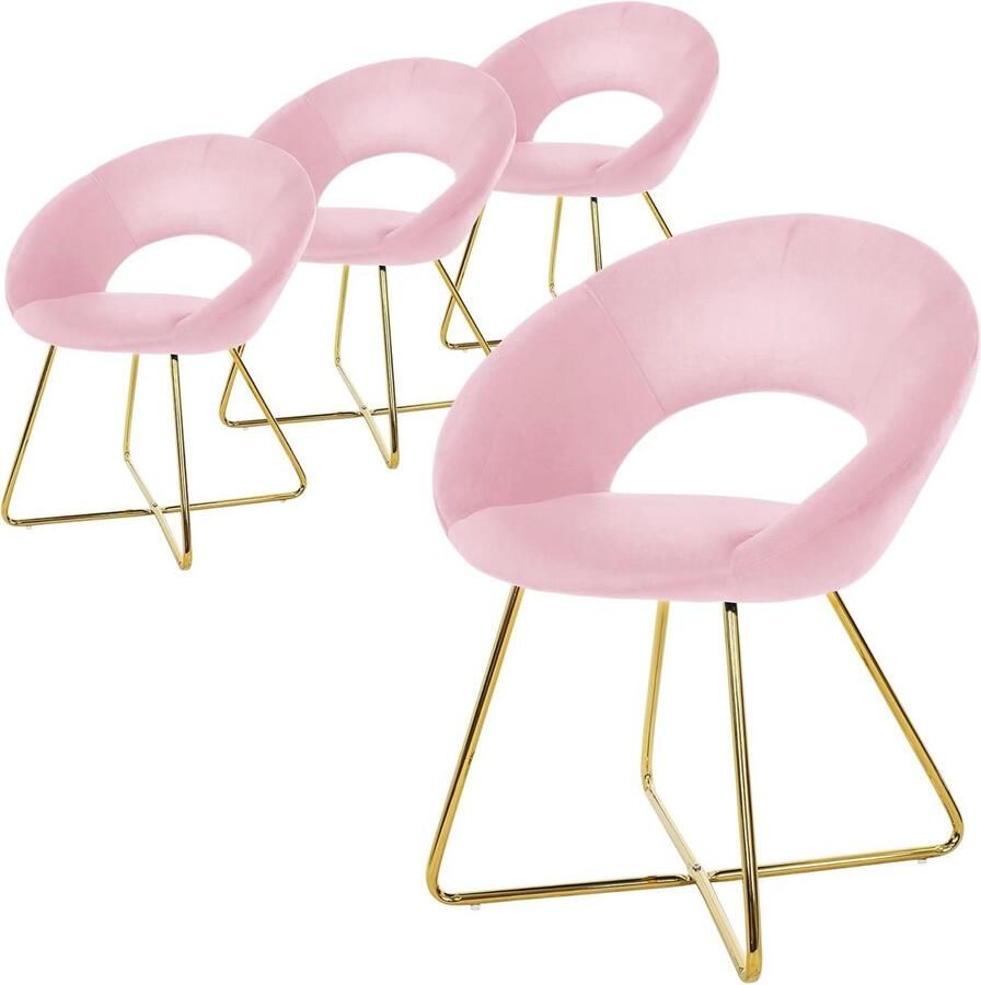 Set van 4 roze fluwelen eetkamerstoelen met gouden metalen poten