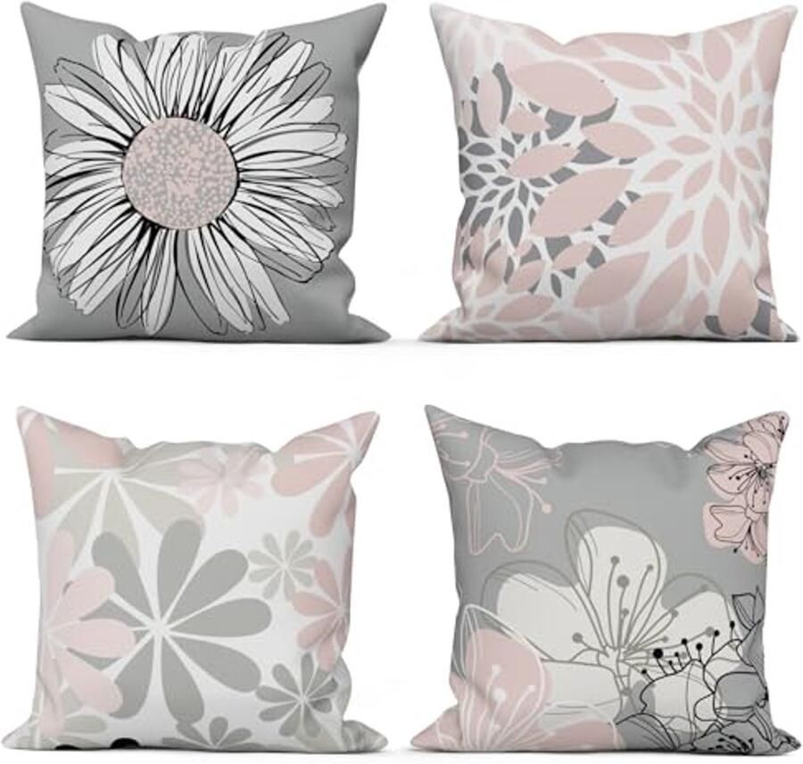 Set van 4 Rozen Kussenslopen 45x45 cm Moderne Sierkussens met Bloemenpatroon voor Bank en Decoratie