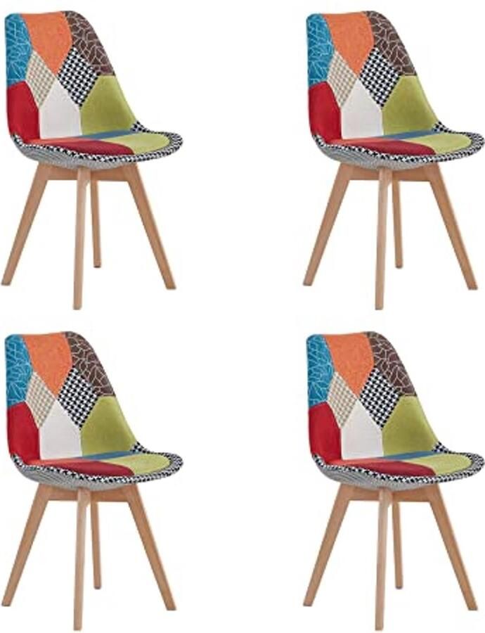 Set van 4 Scandinavische patchwork eetkamerstoelen met houten poten modern en comfortabel
