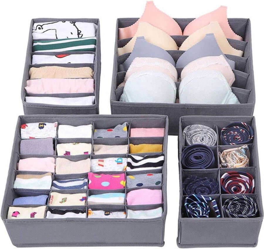 Set van 4 Shubladen Organizer Odnsysteem voor kledingkast lade organizer grijze kast opbergbox opvouwbare ladeverdeler voor ondergoed beha's sokken stropdassen ondergoed