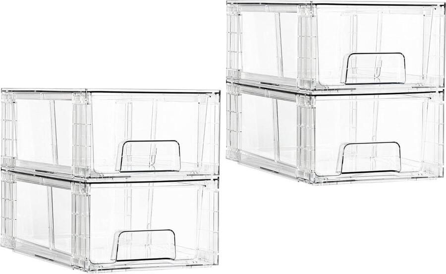 Set van 4 stapelbare doorzichtige acryl ladeorganisatoren met handgrepen Gemakkelijk te monteren voor koelkast badkamer keuken ondergootsteen kast en voorraadkast organisatie