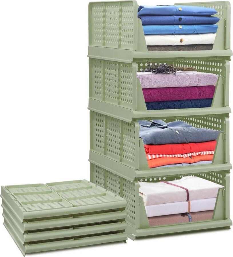 Set van 4 stapelbare opvouwbare opbergdozen voor kledingkast kunststof kledingkast kast organizer box uittrekbaar als een lade geschikt voor thuis slaapkamer keuken (groen)