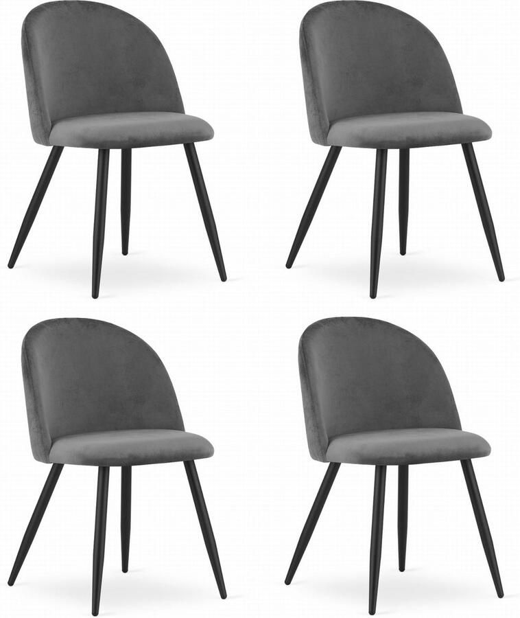 Set van 4 Stoelen BELLO Donkergrijs Velvet Zwarte Metalen Poten Modern Design en Uitstekend Zitcomfort voor Woonkamer Slaapkamer Eetkamer of Kantoor Max. 120 kg