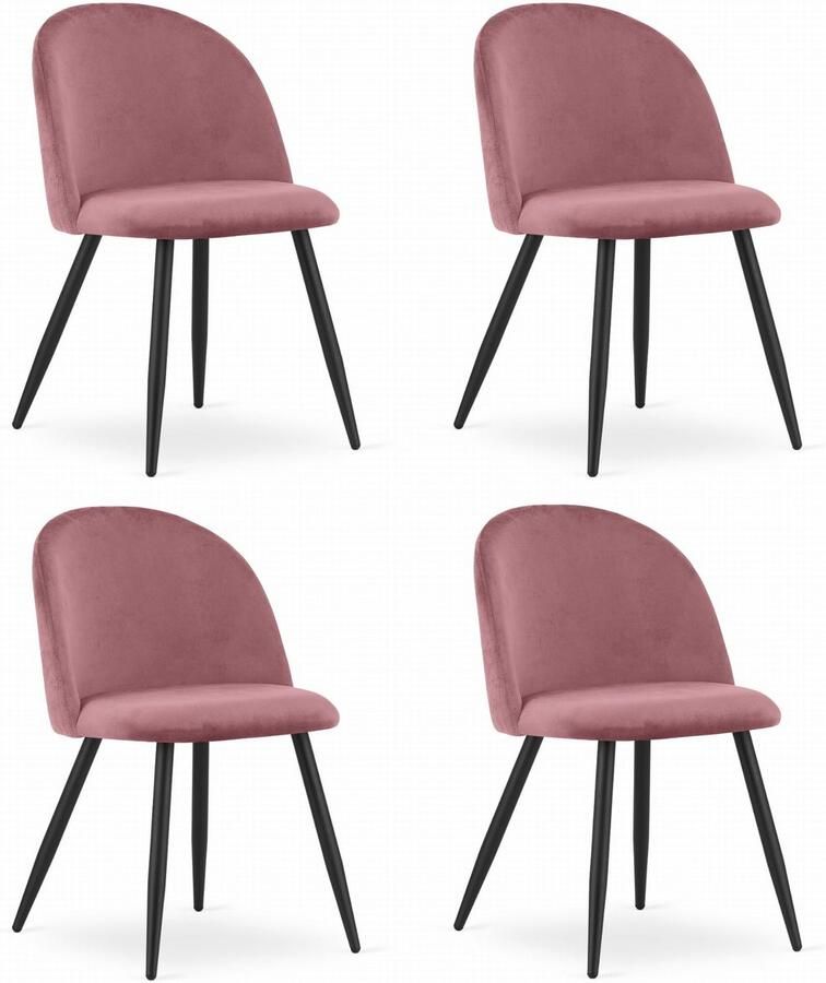 Set van 4 Stoelen BELLO Donkerroze Velvet Zwarte Metalen Poten Modern Design en Uitstekend Zitcomfort voor Woonkamer Slaapkamer Eetkamer of Kantoor Max. 120 kg