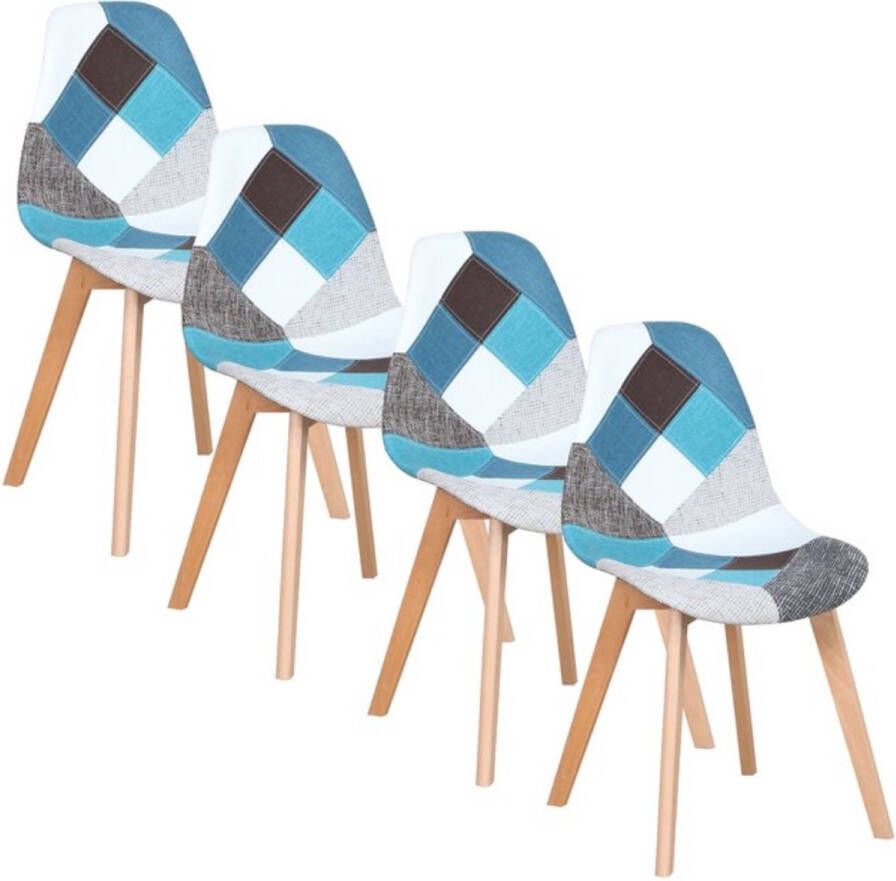 Set van 4 Stoelen Eetkamerstoel Eetkamerstoelen Houten poten 4 stoelen Voor keuken of huiskamer Moderne look Leuk Printje Vrolijke Stoel Patchwork Blauw