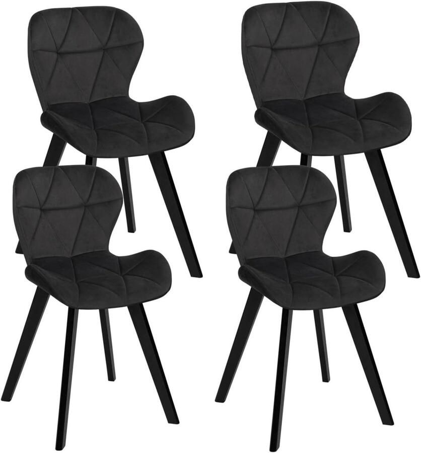 Set van 4 Stoelen ROBINE – Zwarte Fluwelen Bekleding met Zwarte Poten Comfortabel en Stijlvol voor Eetkamer of Woonkamer
