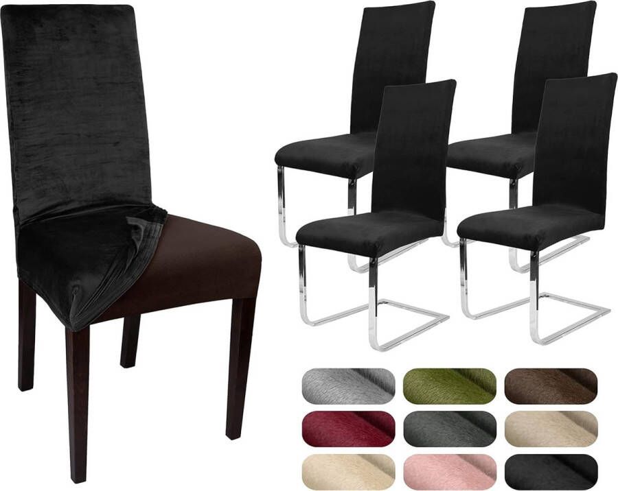 Set van 4 stoelhoezen elastische effen stretchhoezen gemaakt van fluwelen microvezel kleuren naar keuze (zwart)
