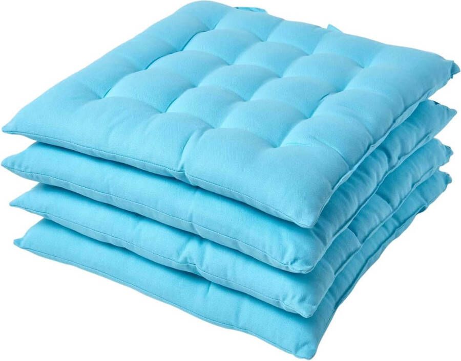 Set van 4 stoelkussens 40 x 40 cm blauw lichtblauw zitkussen met banden en knoopsluiting effen kussens voor stoelen met overtrek van 100% katoen en zachte polyester vulling