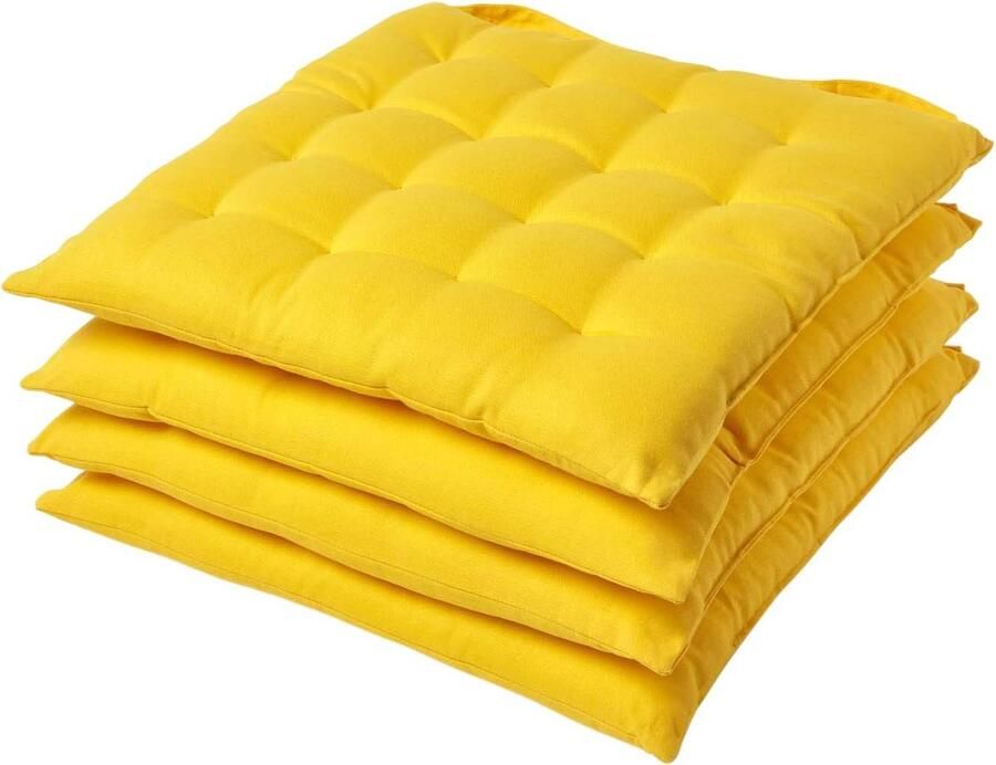 Set van 4 stoelkussens 40 x 40 cm geel zitkussens met linten en knoopsluiting eenkleurige kussens voor stoelen met overtrek van 100% katoen en zachte polyestervulling