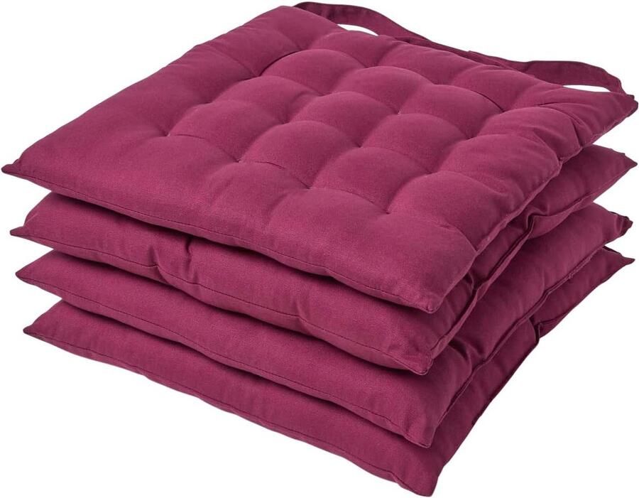 Set van 4 stoelkussens 40 x 40 cm pruim zitkussen met banden en knoopsluiting eenkleurige kussens voor stoelen met overtrek van 100% katoen en zachte polyestervulling bessen