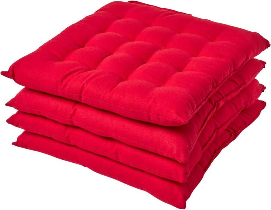 Set van 4 stoelkussens 40 x 40 cm rood zitkussen met bandjes en knoopsluiting effen kussens voor stoelen met overtrek van 100% katoen en zachte polyester vulling
