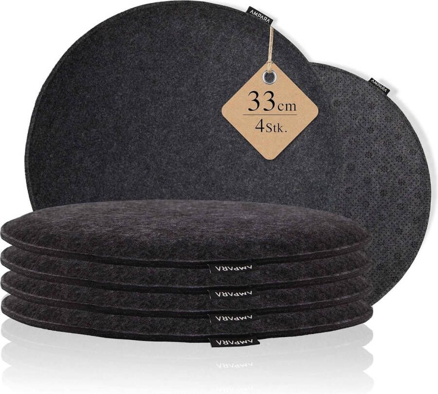 Set van 4 stoelkussens rond 33 cm antislip en gezellig zitkussen vilt rond donkergrijs voor stoel bank kruk enz