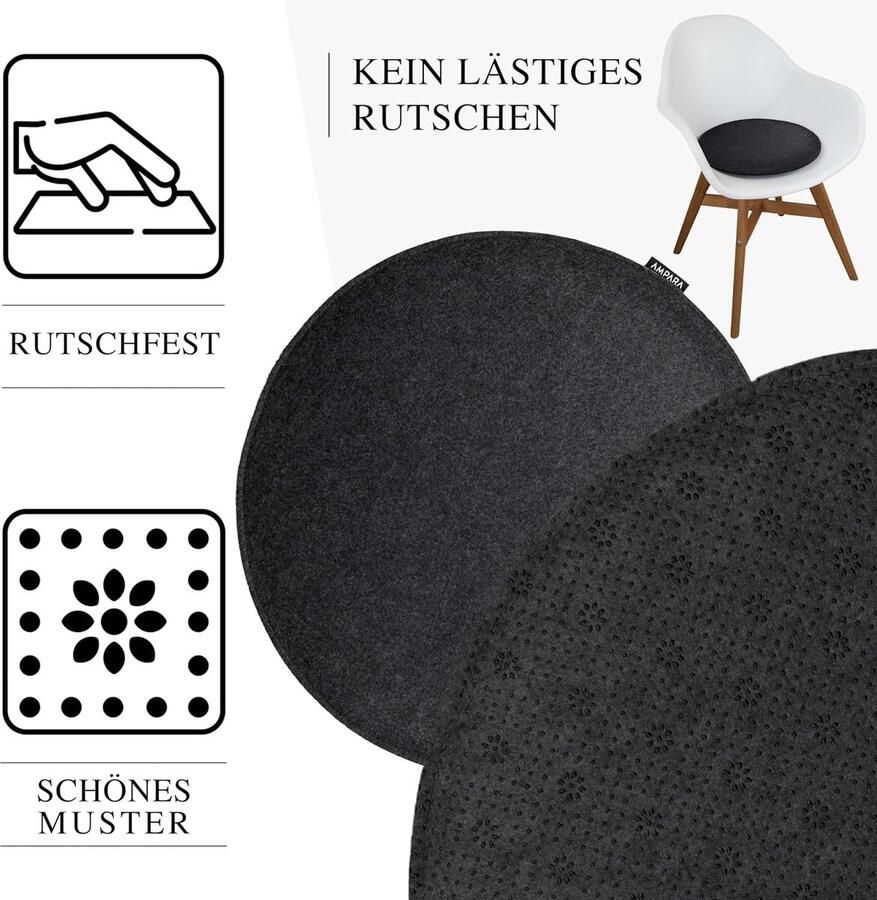 Ampara Set van 4 stoelkussens rond 33 cm antislip en gezellig zitkussen vilt rond donkergrijs voor stoel bank kruk enz