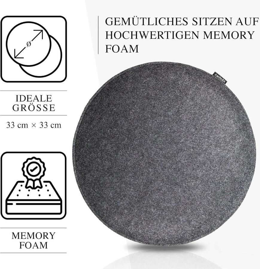 Set van 4 stoelkussens rond 33 cm antislip en gezellig zitkussen vilt rond grijs voor stoel bank kruk etc. (lichtgrijs)