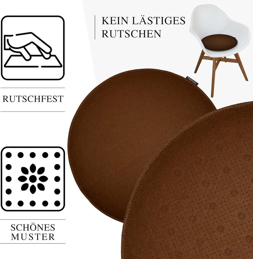 Set van 4 stoelkussens rond 33 cm antislip en gezellig zitkussen vilt rond voor stoel bank kruk etc. (bruin)