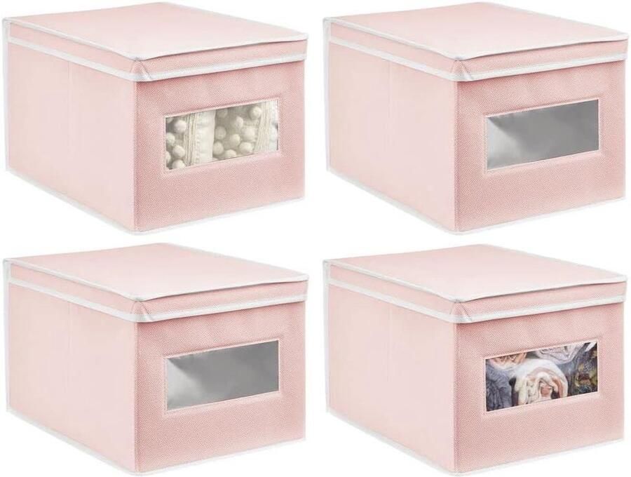 Set van 4 stoffen opbergdozen met deksel voor slaapkamer ademende kastbox van kunstvezel roze wit