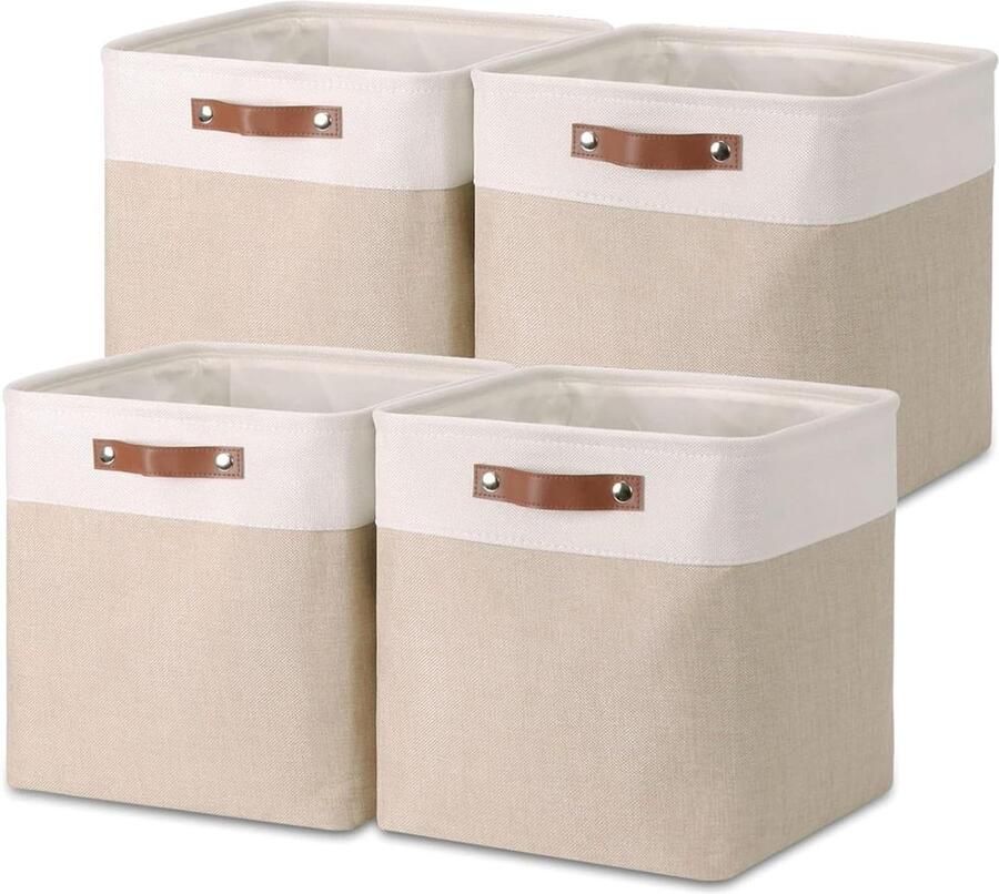 Set van 4 opbergdozen functionaliteit 4 stuks kaki en wit imitatieleer 30 x 30 x 30 cm