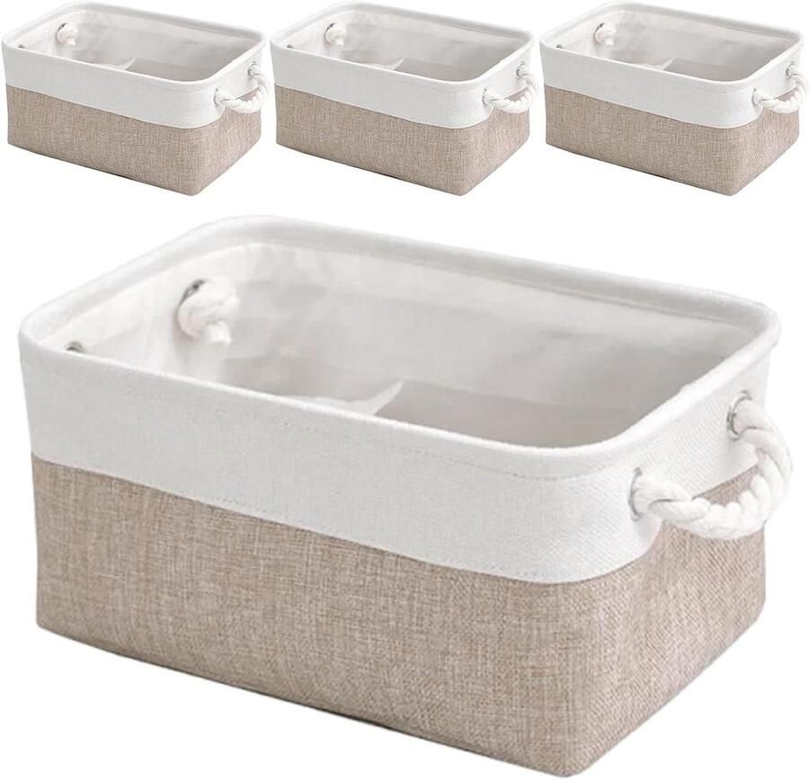 Set van 4 stoffen opbergmanden 38 x 26 x 17 cm touwgrepen kastorganizer voor broeken T-shirts truien kaki wit
