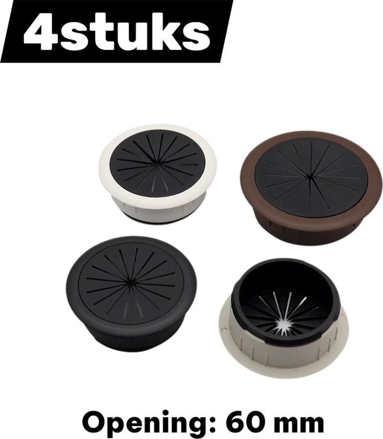 Set van 4 stuks 60 mm bureau-snoerring Ronde ABS-kunststof snoerdoos Meubelkast snoerdoos Geschikt voor computerbureau snoerdoos bureau-snoerorganizer bureauhoes patrijspoorthoes (wit zwart bruin grijs)