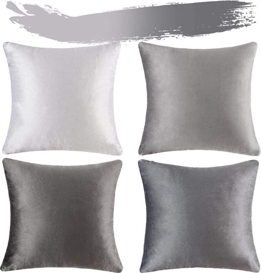 Set van 4 super zachte fluwelen sierkussenhoezen in luxe stijl kussenslopen voor bank en slaapkamer modern grijs 45 x 45 cm