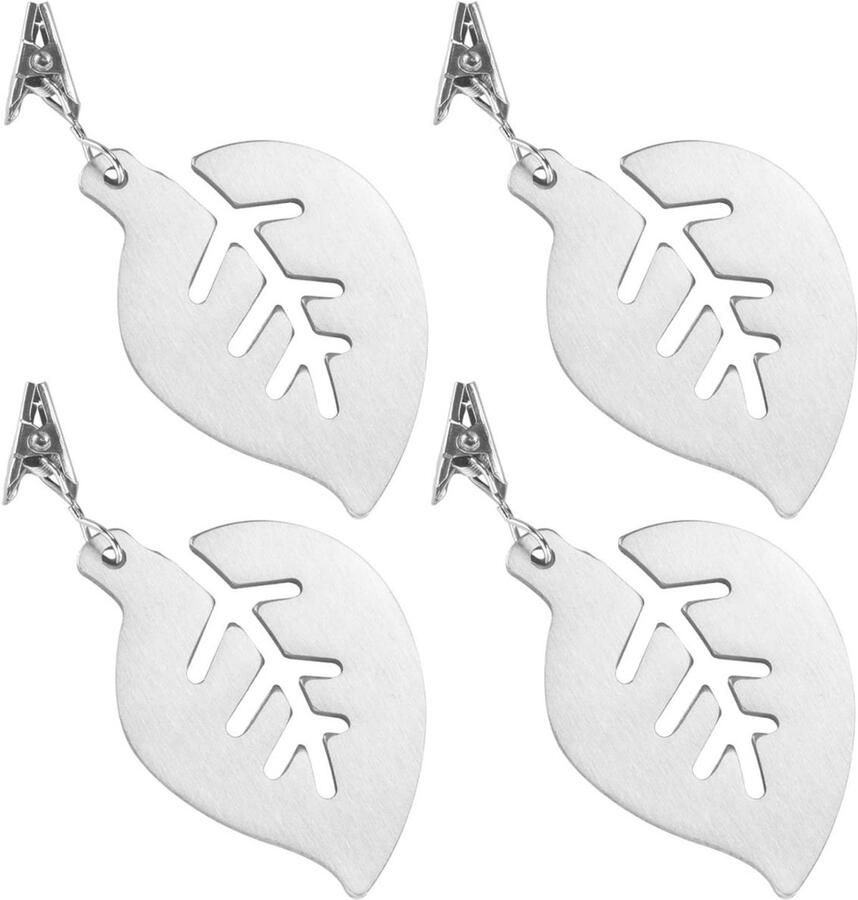 Set van 4 tafelkleedgewichten roestvrijstalen tafelkleedgewichten zilveren tafelkleedgewichten met clip tafelkleedgewichten binnen buiten bladvorm voor familie feest camping bruiloft tuin picknick