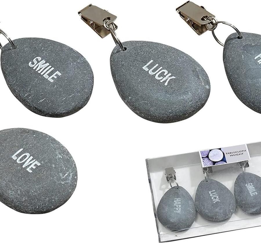 Set van 4 tafelkleedgewichten van natuursteen met stalen clips maximale klemkracht totaal ca. 240 g zwaar Happy Luck Love Smile opdruk ideaal voor de gedekte tafel