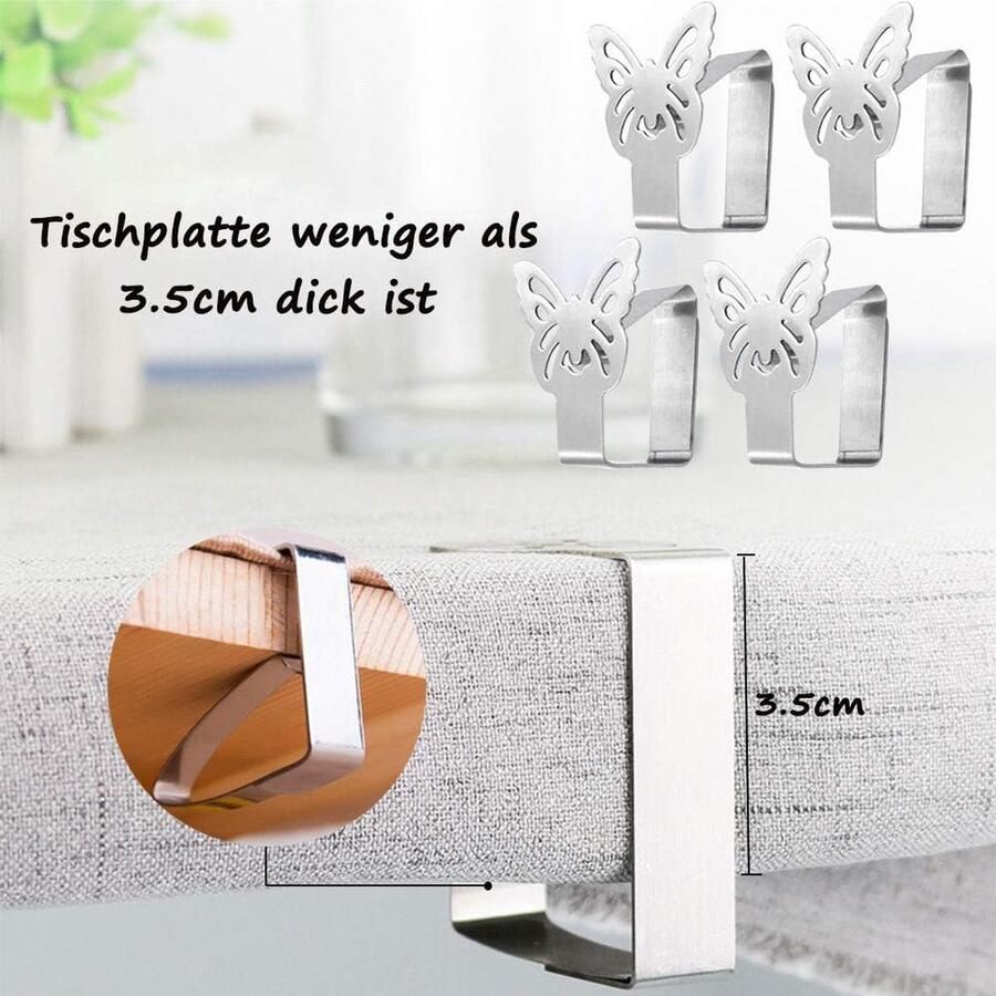Set van 4 tafelkleedklemmen van roestvrij staal vlindermotieven tafelkleedklemmen voor tafelbladen tot 3 5 cm dikte zilveren tafelklem tafelkleedhouder