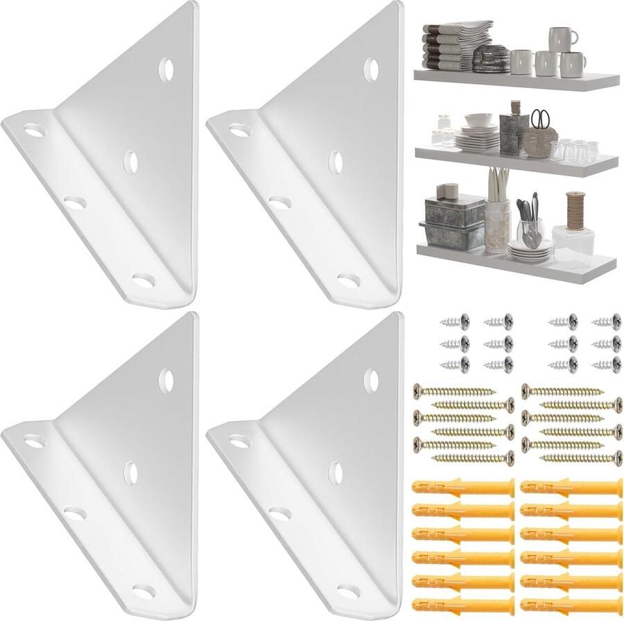 Set van 4 verborgen driehoekige plankhouders onzichtbare verborgen muurhanger zwevende plankdrager voor zwaar gebruik 8 x 10 cm voor kantoor magazijn garage keuken en magazijnen