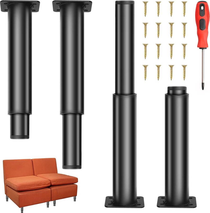 Set van 4 verstelbare meubelpoten kastpoten van zwart dik staal draagvermogen 400 kg ronde meubelpoten met schroevendraaier meubelpoten voor kast tafel slaapbank (18-33 cm) - Foto 1