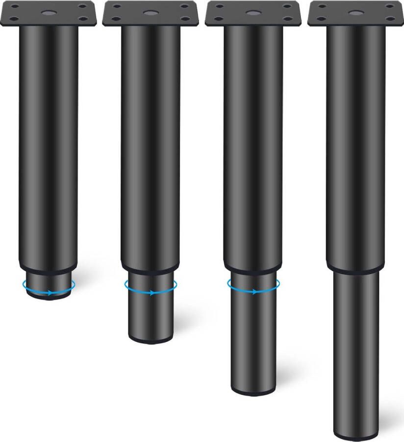Set van 4 verstelbare meubelpoten metaal zwart hoogte 250 mm kleine tafelpoten hoogte verstelbaar 0-200 mm ijzeren ronde poten met schroeven voor bank bed en kasten