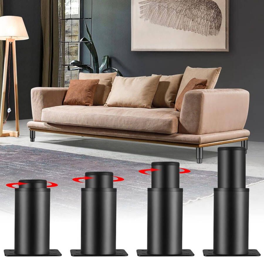 Set van 4 verstelbare meubelpoten zwarte metalen poten hoogteverstelling van 0 tot 70 mm geschikt voor keukenkasten bedden banken en tv-meubels