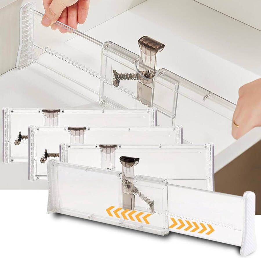 Set van 4 verstelbare transparante ladeverdelers opbergsysteem met vaste knoppen en antislip transmissie voor slaapkamer commode keuken kantoor ter organisatie