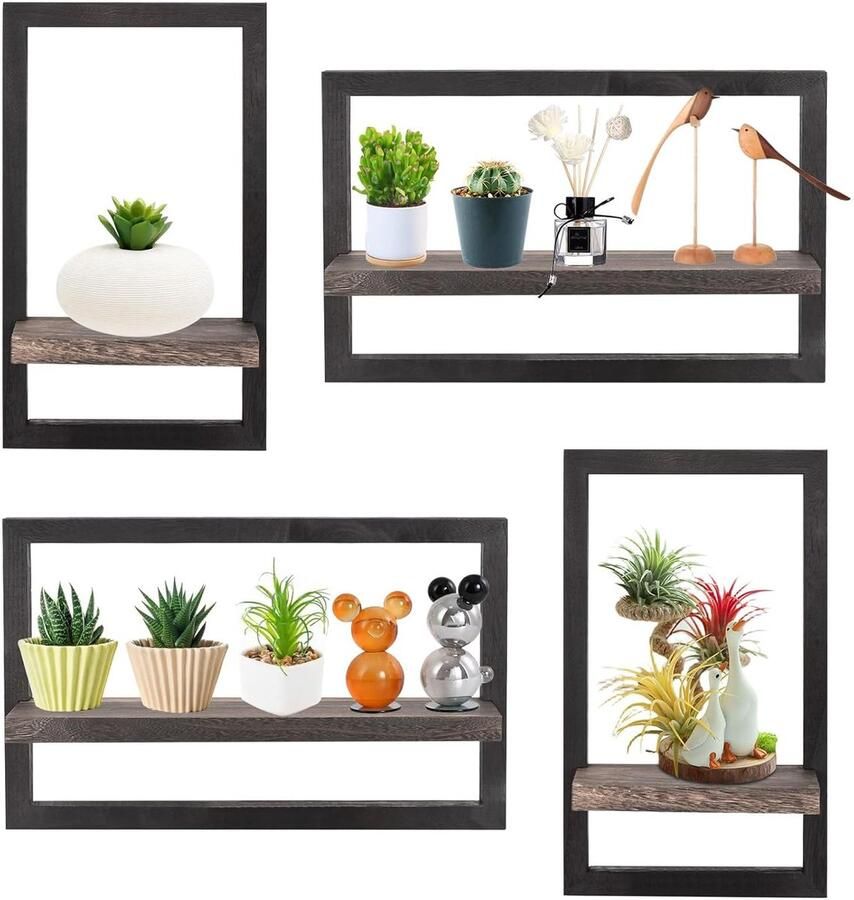 Set van 4 vierkante wandplanken decoratief en functioneel zwart hout