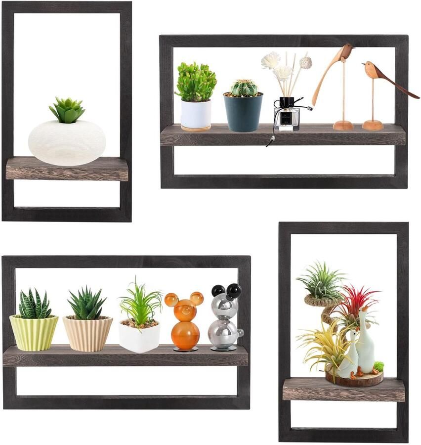 Set van 4 vierkante zwevende planken voor aan de muur houten wandplanken decoratie hangende planken opbergruimte voor aan de muur houten hangende planken voor badkamer woonkamer keuken opbergruimte zwart