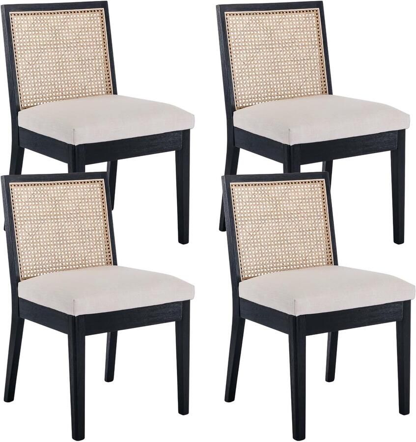 Set van 4 vintage eetkamerstoelen met rotan rugleuning en linnen bekleding