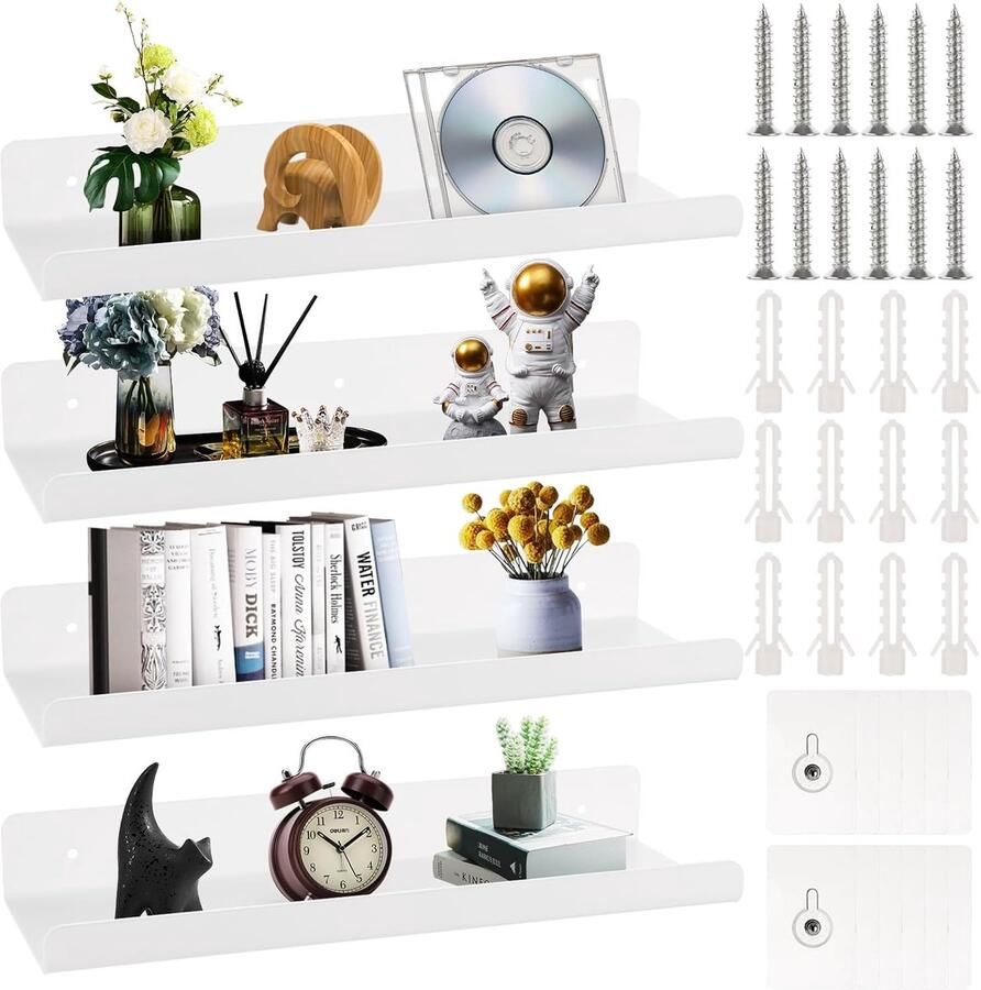 Set van 4 Wandpanelen Geen Boren Wandplanken Acryl 30 cm Zwevende Planken Badkamerplank Fotolijst Boekenplank Zelfklevend voor Keuken