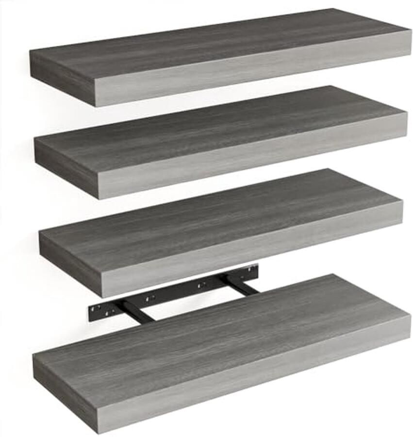 Set van 4 Wandplanken van Massief Hout Multifunctionele Wandplank met Uittrekbare Metalen Houder Ideaal voor Slaapkamer Woonkamer Keuken Badkamer