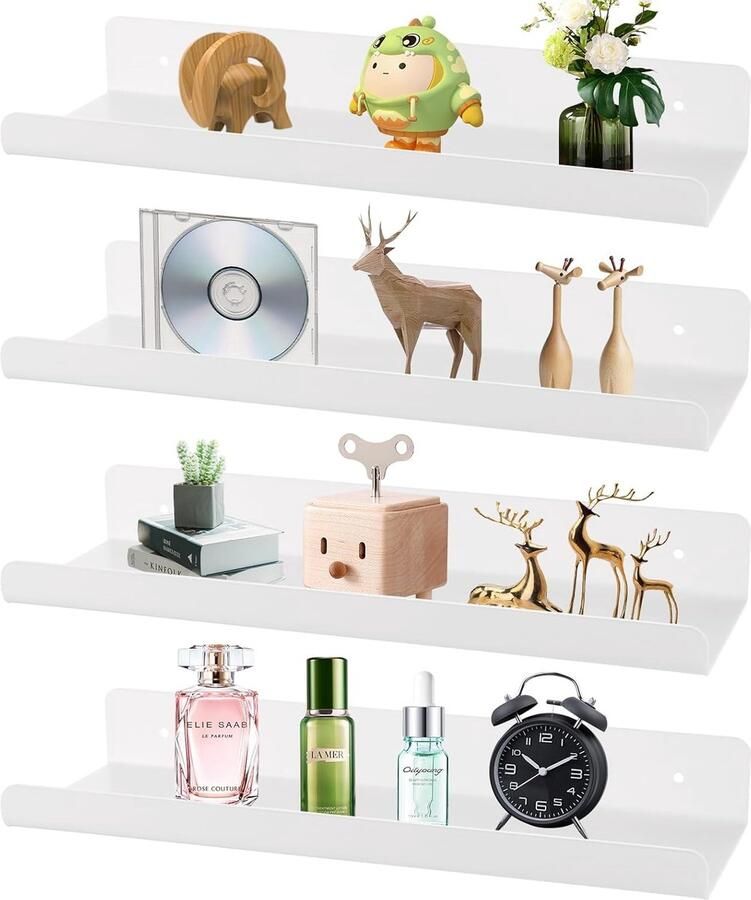 Set van 4 wandplanken Wandrek zonder boren Wit Acryl 30 cm