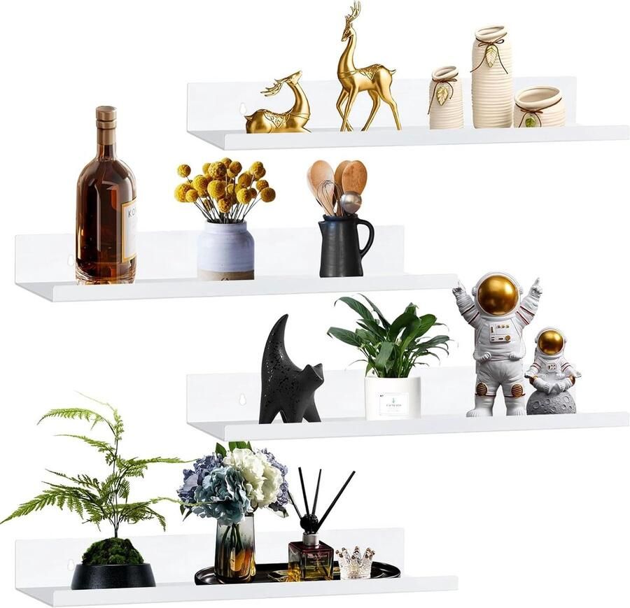 Set van 4 wandplanken witte metalen fotolijsten 30x10x4 cm wandplank zonder boren voor keuken badkamer kantoor woonkamer