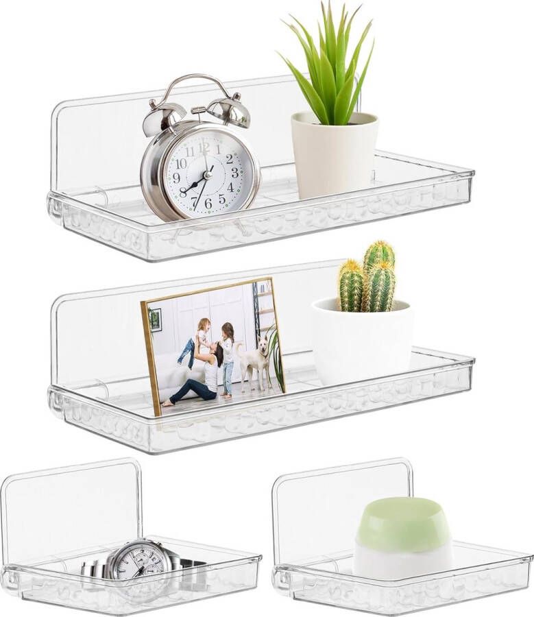 Set van 4 wandplanken zonder boren acryl drijvende plank hangende plank voor opslag plankwand voor boeken en foto's voor woonkamer slaapkamer kantoor badkamer