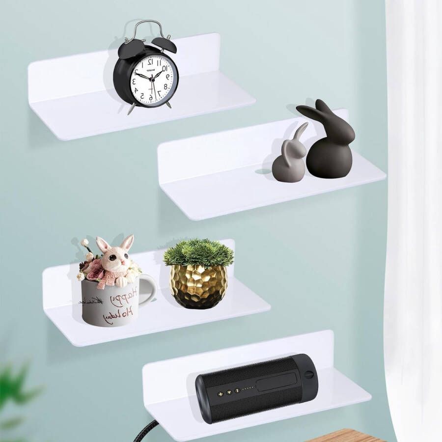 Set van 4 wandplanken zonder boren wandplank om te plakken wandrek wit smal wandrek van acryl mini-rek zonder boren muur voor klein speelgoed kleine figuren houthandwerk keramische