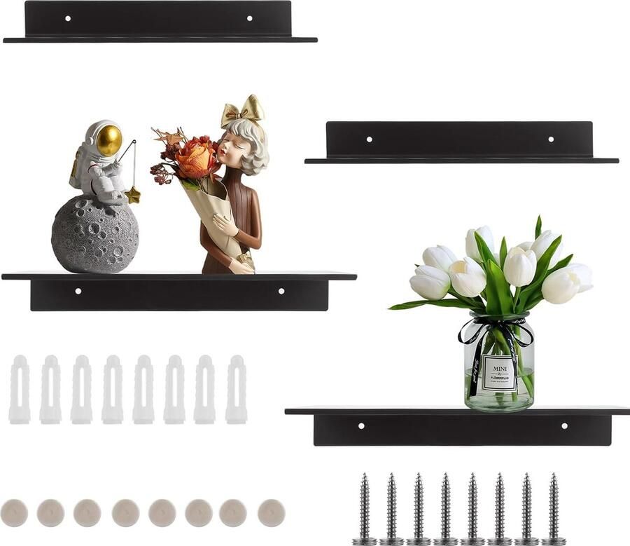 Set van 4 wandplanken zwart metaal 20 x 12 x 4 cm badkamerplankwand metalen plank wandplanken hangplank zwevende planken wandplank zwart zwevende plank voor decoraties