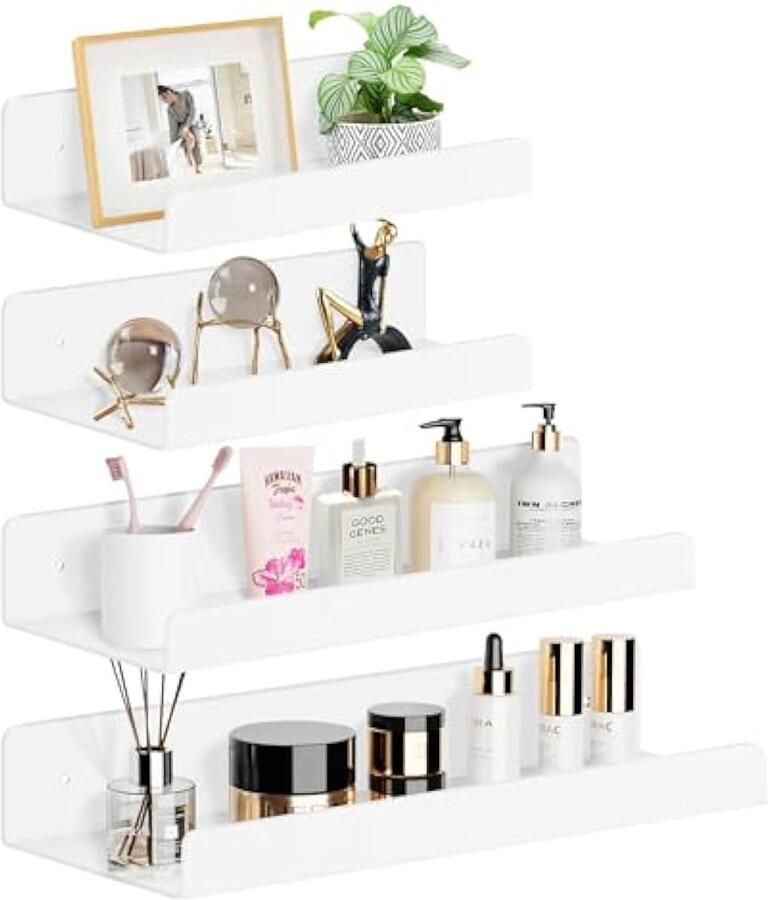 Set van 4 wandplanken zwevend wit 3 maten rek zonder boren acryl rek om te plakken voor badkamer plank zonder boren voor keuken badkamer kantoor en woonkamer