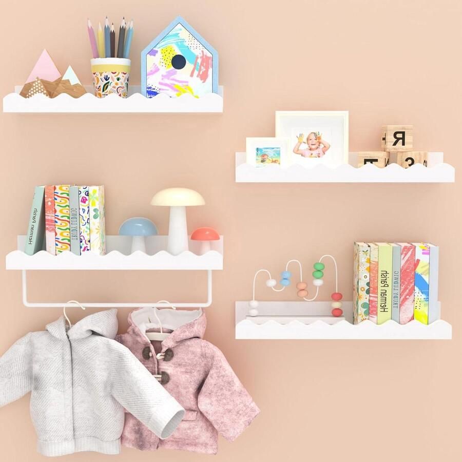 Set van 4 wandplanken zwevende boekenkast voor kinderen wit grenenhout en MDF