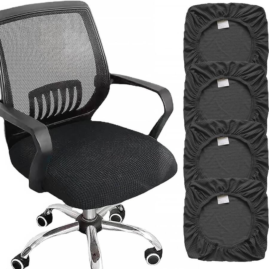 Set van 4 Wasbare Bureaustoelhoezen Stretch Stoelhoes voor Eetkamer Kantoor en Bar (Zwart)