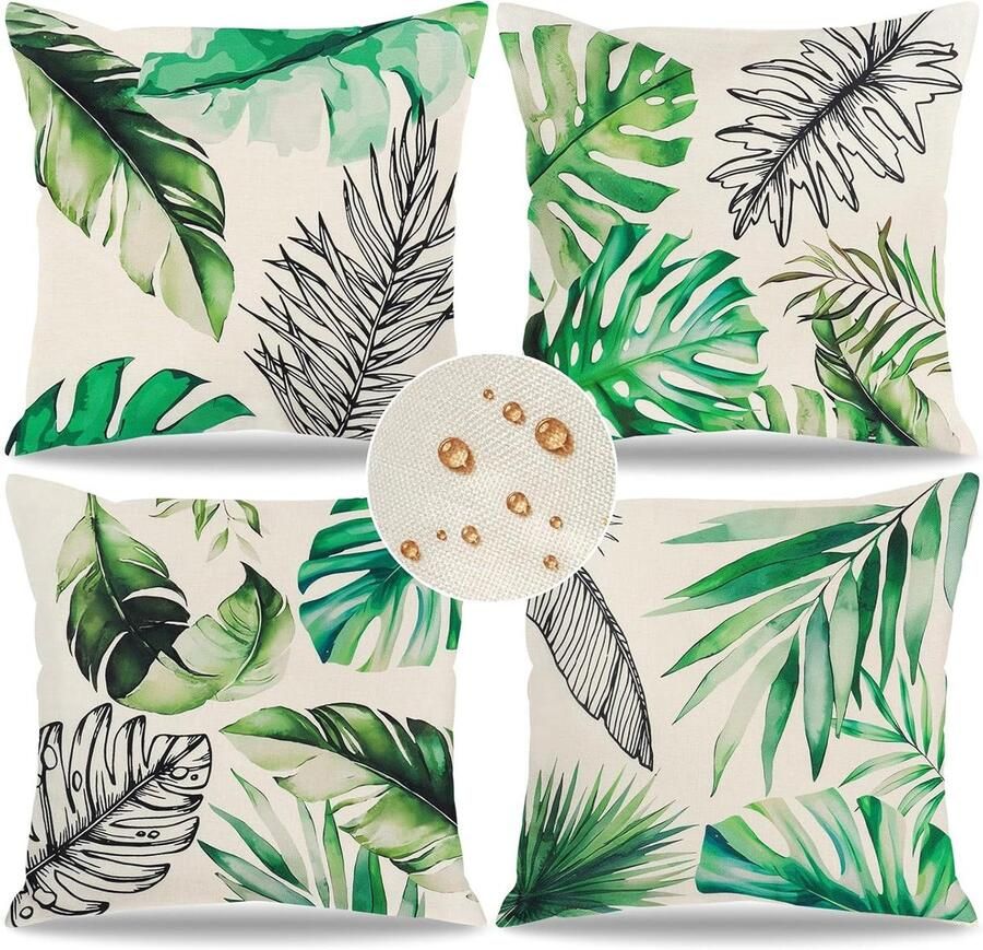 Set van 4 waterdichte kussenslopen voor buiten 45 x 45 cm Tuin decoratie met tropische bladeren Geschikt voor bank en terras