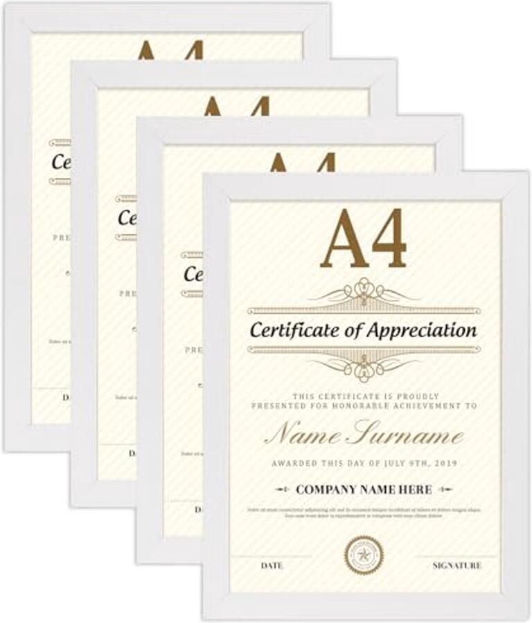 Set van 4 Witte A4 Fotolijsten Klassieke Fotolijsten voor Muur en Tafel Perfect voor Certificaten Posters Documenten en Kunstwerken